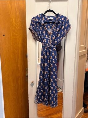 Lucky Brand Navy Floral Midi Shirt Dress with Tie